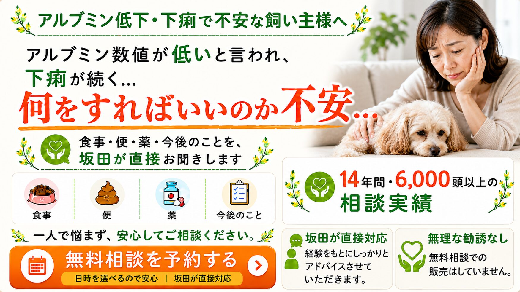 アルブミン低下・下痢で不安な飼い主様へ 無料相談はこちら