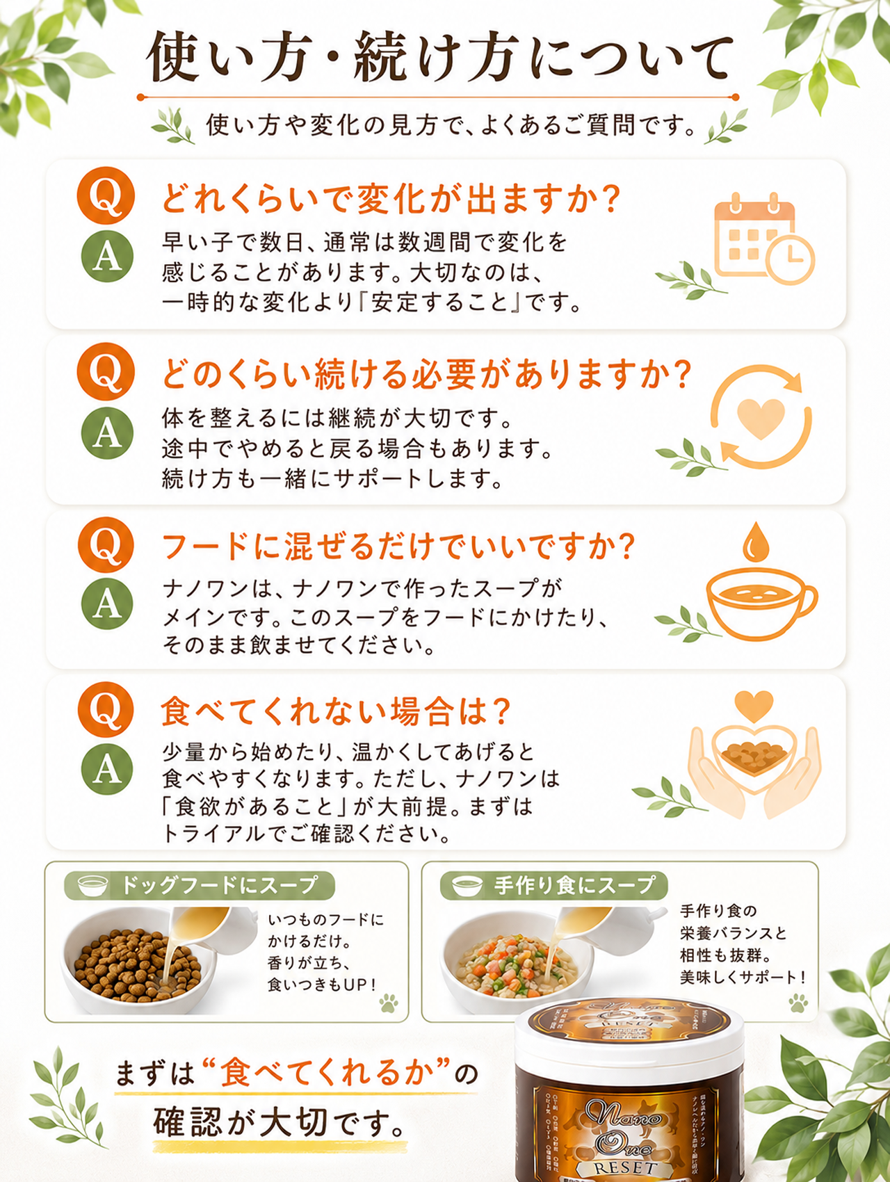 ナノワンリセットの使い方や続け方や食べてくれない場合の対応を説明しています