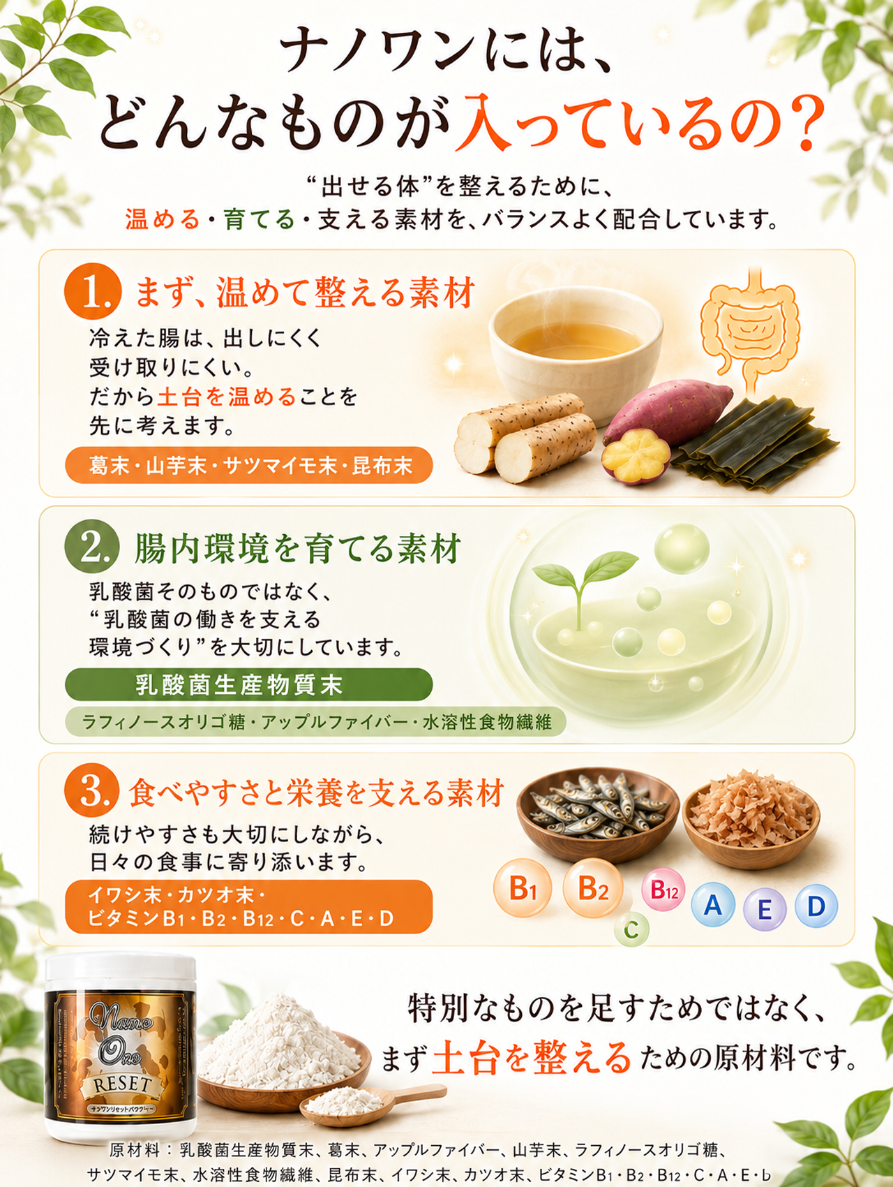 ナノワンリセットは乳酸菌生産物質末や葛末などを配合した犬の腸を整えるサプリメントです
