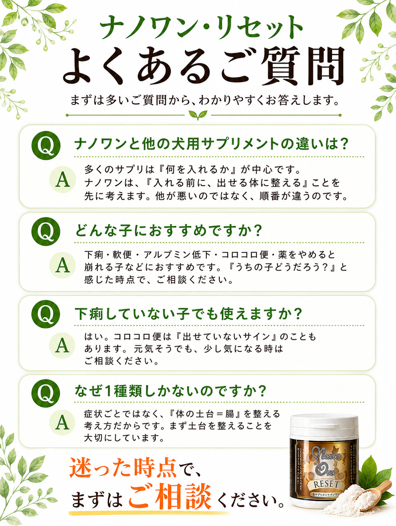 ナノワンリセットの特徴や他の犬用サプリメントとの違いをよくある質問で解説しています